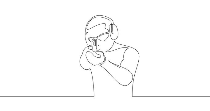 Animation of an image drawn with a continuous line. Man with a gun in shooting range.