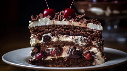 Black Forest cake: A German dessert made with layers of chocolate cake, whipped cream, and cherries. Generative AI Art Illustration