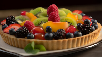Fruit tart: A dessert made with a shortbread crust filled with pastry cream and topped with fresh fruit.. Generative AI Art Illustration