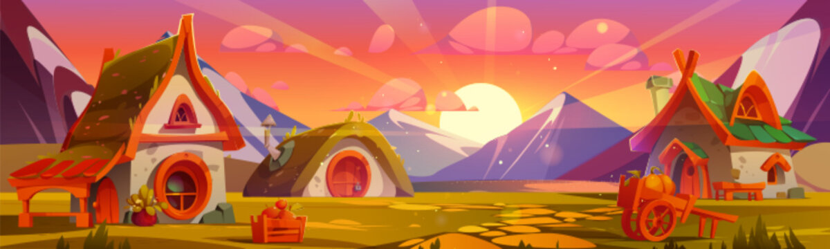 Cartoon dwarf village in mountain valley at sunset. Vector illustration of small fairy tale houses with round windows, farming equipment, fruit and vegetable harvest in autumn. Fantasy game background