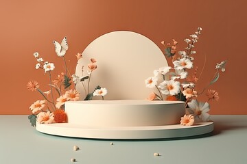 Minimalist Floral Podium with Petals for Stage Design and Decoration. Generative AI illustrations.