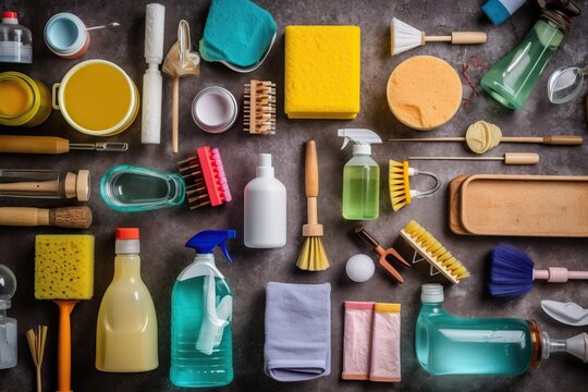 House cleaning brandless tools and products collage, generative ai