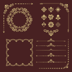 Vintage set of horizontal, square and round elements. Brown and golden elements for backgrounds, frames. Classic patterns. Set of vintage patterns