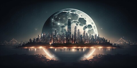 Beautiful panoramic view of the city at night with the full moon. New York City wallpaper and landscape. Generative IA