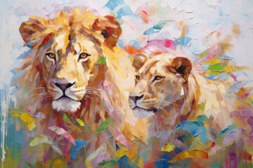 Lion and lioness abstract impressionism oil painting style, ai generative - obrazy, fototapety, plakaty