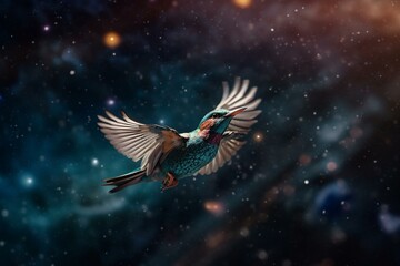A colorful bird flying amidst planets in the background with a starry foreground. Generative AI