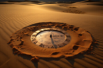 Fototapeta na wymiar Fast running time, time fragility concept. Mechanical clock in desert. Generative AI