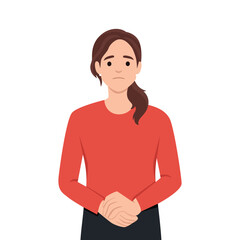 Feeling worried and frustration concept. Young irritated frustrated woman cartoon character standing touching chick looking at camera. Flat vector illustration isolated on white background - obrazy, fototapety, plakaty