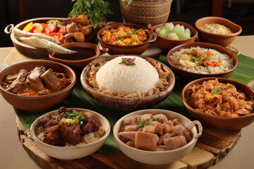 A table full of food including rice, rice, and vegetables. AI generation - obrazy, fototapety, plakaty