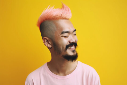 A man with a mohawk haircut and a pink shirt smiles against a yellow background AI generation