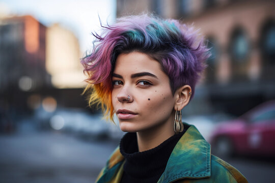 A woman with a rainbow haircut stands in front of a city street AI generation