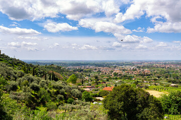 Fototapeta na wymiar Beautiful panoramic view from Tivoli town on a Roman suburb. Comune in Lazio, central Italy. Roman Campagna, rural landscape, summer time.