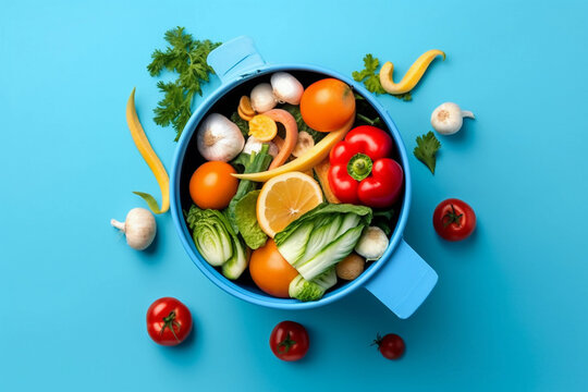 A blue bowl of vegetables with a blue lid and a red handle. AI generation