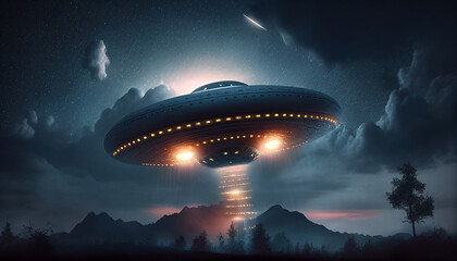 A ufo flying over a mountain with mountains in the background, Generative AI