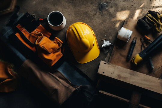 A toolbox, a hard hat, and other tools on a work surface. AI generation