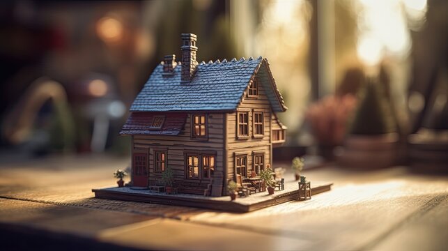real estate tilt-shift photography of a tiny house on a table with blurry background. generative ai