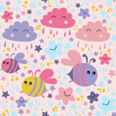 Fototapeta na wymiar Cute colorful cloud smiling face seamless pattern background with bee.