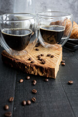 
Coffee with milk. Morning. On a dark background. Breakfast