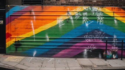 Mural with graffiti. Wall with colors of the LGTBI flag. Colorful mural celebrating LGTBI pride. Graffiti with the colors of the LGTBI flag. Generated by AI.