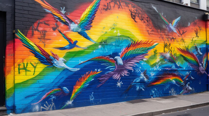 Fototapeta na wymiar Mural with graffiti. Wall with colors of the LGTBI flag. Colorful mural celebrating LGTBI pride. Graffiti with the colors of the LGTBI flag. Generated by AI.