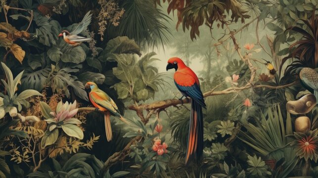 Vintage style tropical wallpaper of tropical forest with plants and birds, ai generative	
