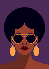 African American fashion woman trendy art color minimalist portrait face in sunglasses vector flat