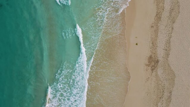 Palma de Mallorca Island, pristine Cala Agulla near Manacor. Natural idyllic turquoise blue clear sea water, sandy beach seaside cliff coast. Spanish Balearic Majorca, bird view cinematic aerial drone