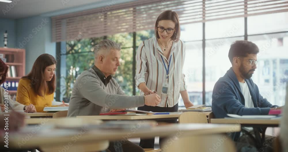 Poster helpful young teacher talking with an adult man, helping to find a solution for a test course assign