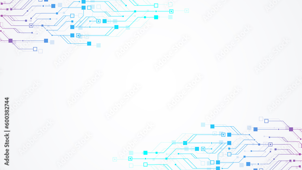 Poster Quantum computer technologies concept. Futuristic blue circuit board background. Modern technology circuit board texture background design. Waves flow. Quantum explosion technology, illustration