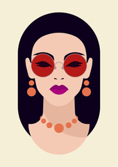 Fashion Japan woman bust portrait in summer sunglasses print for t shirt poster card vector flat