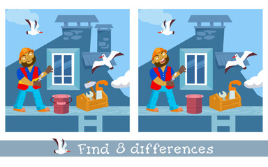 Find 8 hidden differences. Educational puzzle game for children. Builder man in helmet and safety vest with toolbox near house. Cartoon style illustration. Vector illustration.