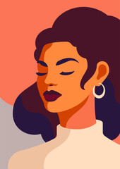 Brunette beautiful woman with waving hair dark lips pop art color portrait poster card vector flat