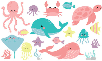 Fototapeta premium Vector cute set with sea animals and algae. Marine collection with whale, octopus, fish, crab, jellyfish, turtle, starfish and stingray. Inhabitants of the sea world in flat design. Cute sea animals.