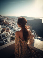 Fototapeta na wymiar Tourism in Europe. Back view of young woman looking stunning landscape in the picturesque Island, Greece. AI generative