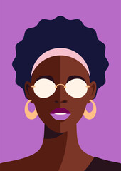 Modern African woman portrait pop art purple background poster t shirt print vector flat