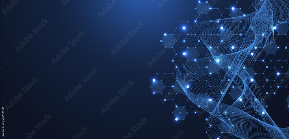 Aufkleber Modern scientific abstract background with hexagon shapes, lines and dots. Innovation concept design with hexagons and wave flow. Molecular structure idea. Geometric pattern, illustration