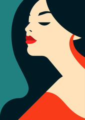 Trendy brunette retro woman fashion red lips makeup paint color minimal poster vector flat