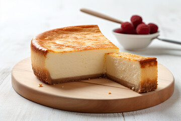 Classic cheesecake on wooden table. Ai generative