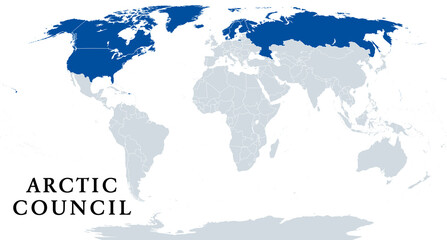 Arctic Council, member countries, political map. Forum of governments and indigenous people within the Arctic Circle. Canada, Denmark, Finland, Iceland, Norway, Russia, Sweden, and the United States.