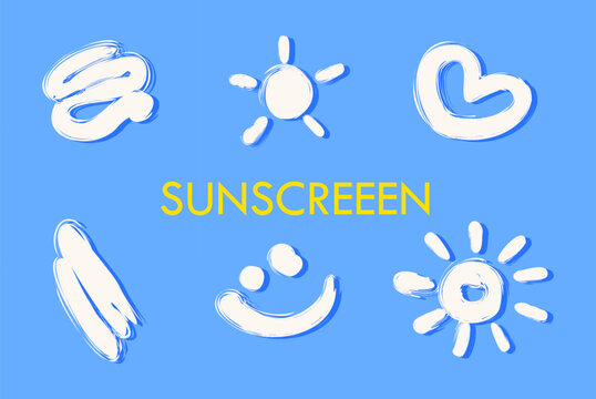 Set of smears of sunscreen cream . Collection of lotion, spray smudges. Swatches of SPF cosmetic products. Sun, heart, smile, stroke shapes. Flat vector illustration