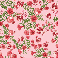 Vector seamless pattern with birds on a pomegranate branch with fruits and flowers