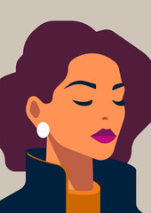 Fashion strong woman portrait beauty face retro hair bright lips pastel color poster vector flat