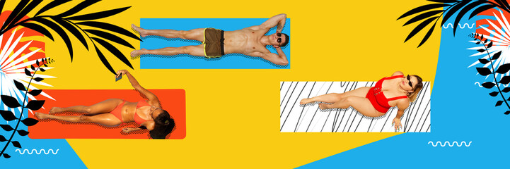 Summer recreation. Pop art with happy people women and man wearing swimsuit lying on sunbed and taking sunbath over oceanside background. Concept of traveling, vacation, party, fashion, beauty, ad