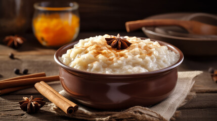 Rice pudding: A creamy dessert made with cooked rice, milk, sugar, and often flavored with vanilla or cinnamon. Generative AI Art Illustration
