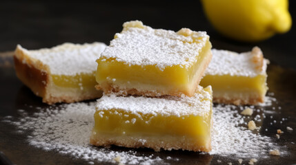 Lemon bars: A dessert made with a shortbread crust and a lemon filling, topped with powdered sugar. Generative AI Art Illustration