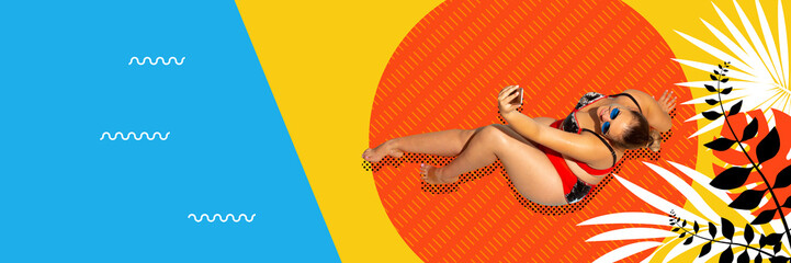 Online life. One pretty, smiling woman, girl wearing swimsuit and sunglasses lying on sand and taking selfie over ocean beach background. Concept of traveling, vacation, social networks, party, ad