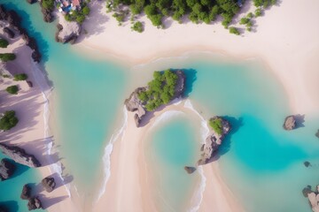 Ocean waves on the beach as a background. Beautiful natural summer vacation holidays background. Aerial top down view of beach and sea with blue water waves. Generative Ai