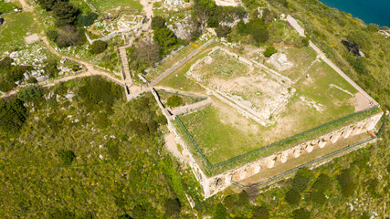 Aerial view of the temple of Jupiter Anxur located on the Sant'Angelo mount, in Terracina, in the...