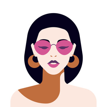 Asian young woman pop art fashion portrait in pink sunglasses golden earrings vector flat