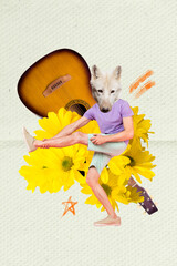 Vertical creative metaphor picture collage wolf head wild animal guitarist player enjoy springtime...